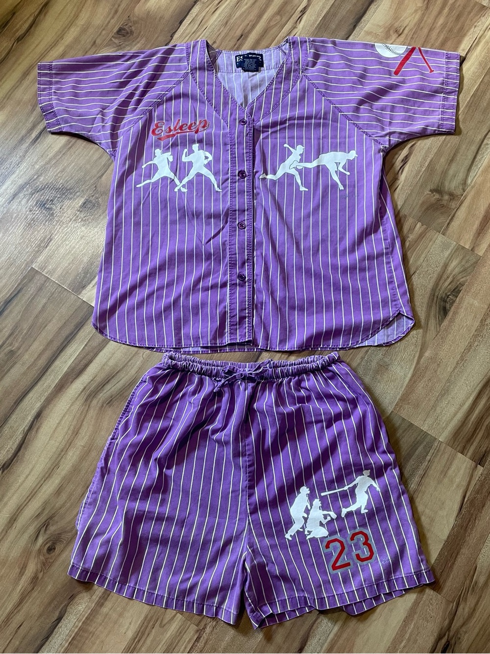 VTG 1990s Esleep Radiorock Baseball Pajamas Set Purple White Stripe Shorts XL